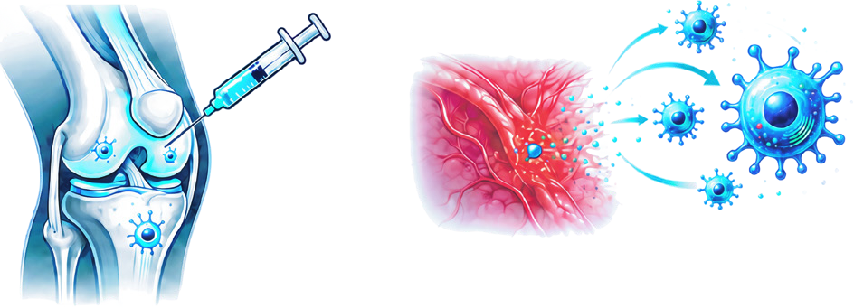 Illustration of a localized mCELL injection and the cellular response to injury
